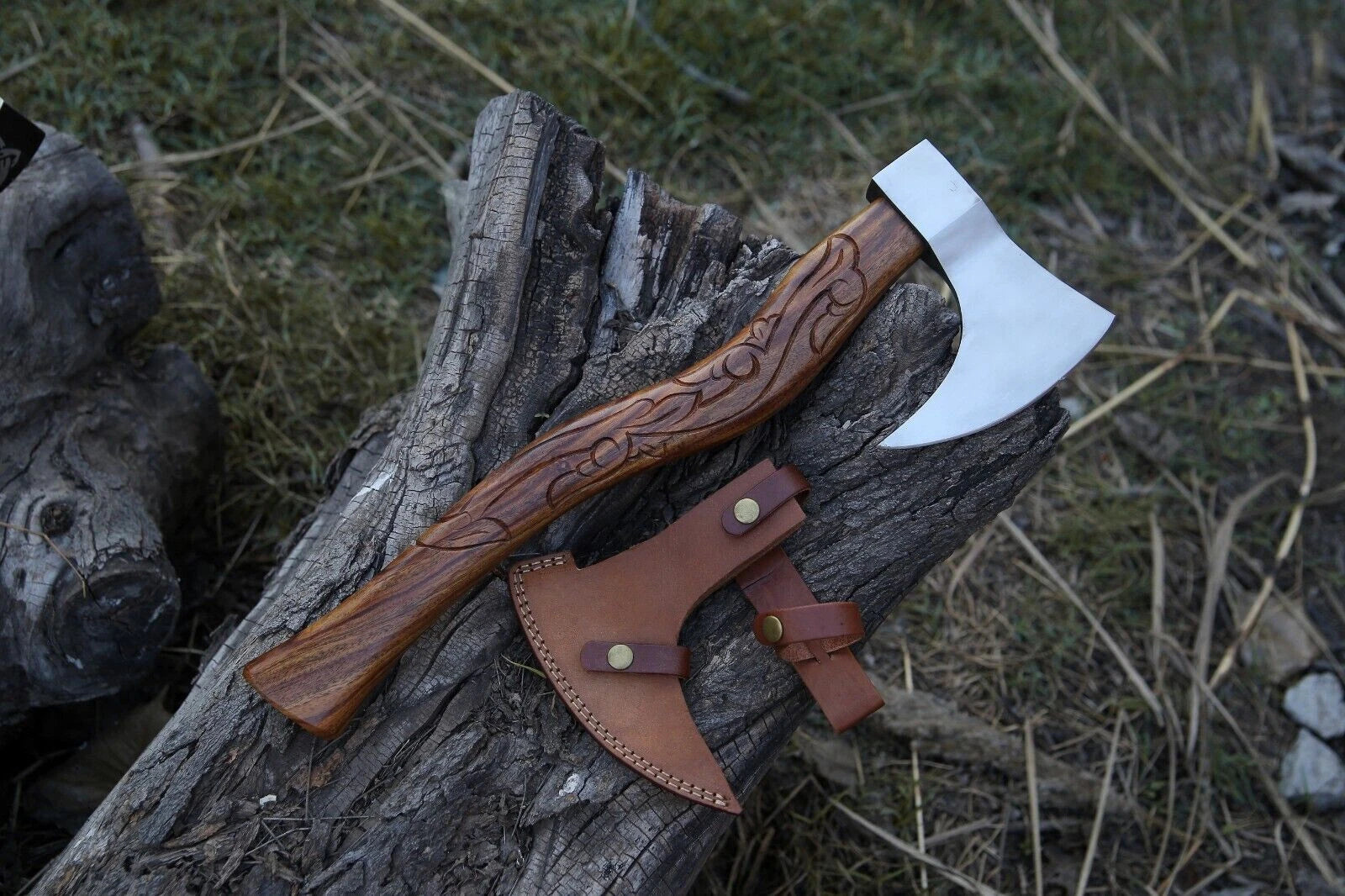 Hand-Forged Viking Battle Axe | 18" Engraved Hardwood Handle