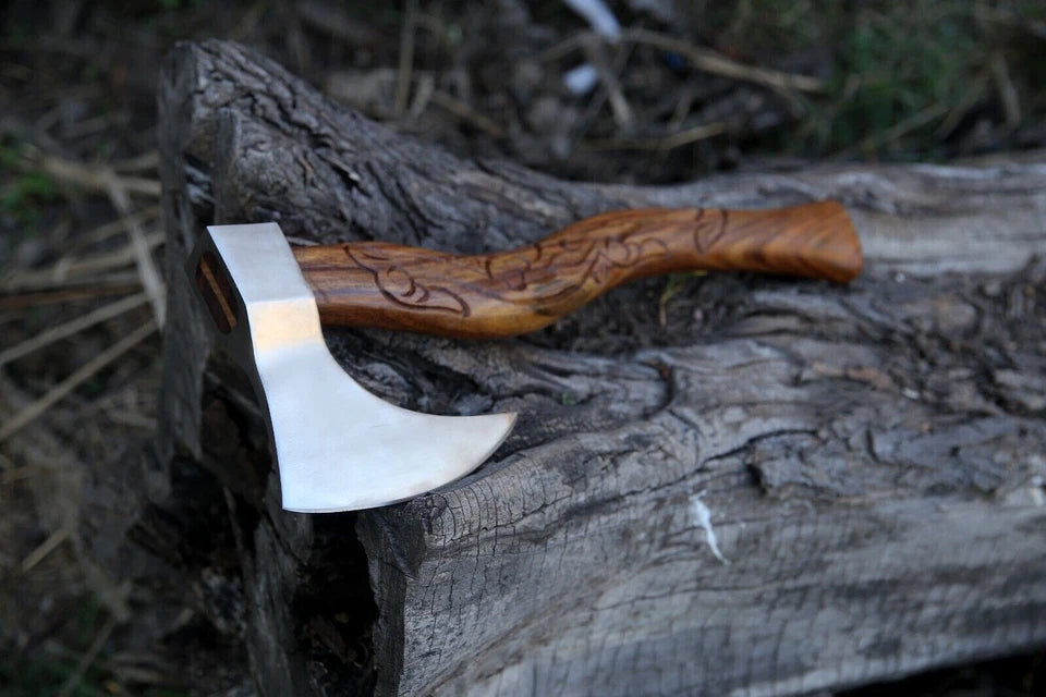 Hand-Forged Viking Battle Axe | 18" Engraved Hardwood Handle