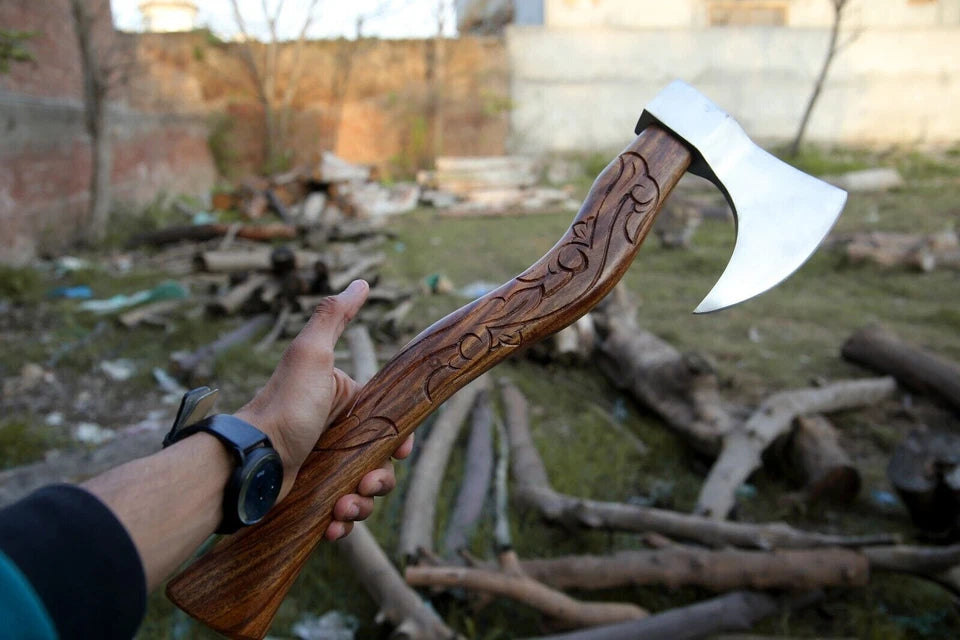 Hand-Forged Viking Battle Axe | 18" Engraved Hardwood Handle