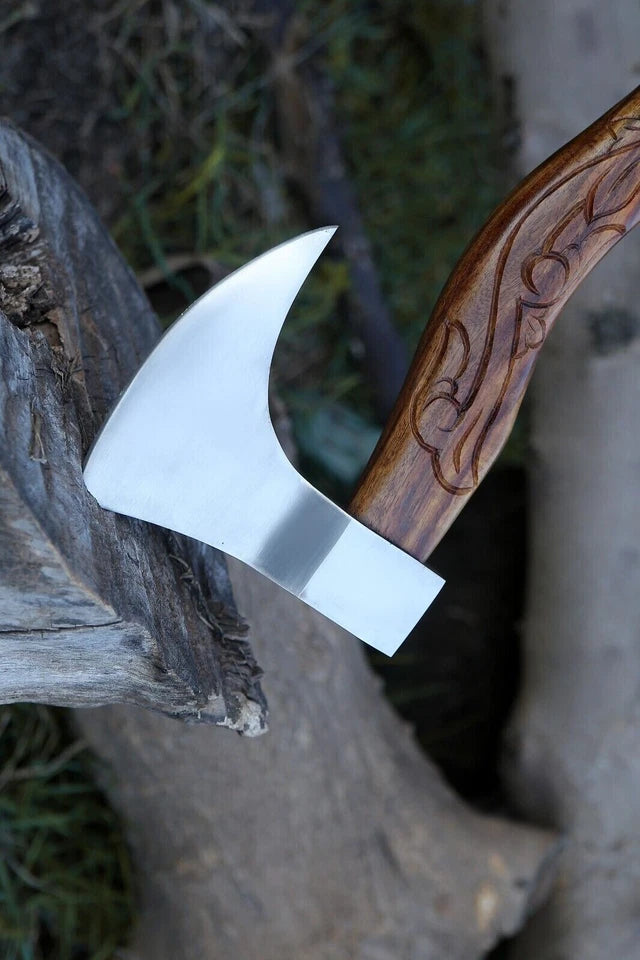 Hand-Forged Viking Battle Axe | 18" Engraved Hardwood Handle