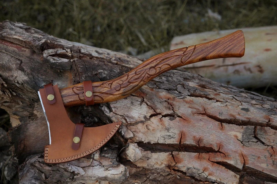Hand-Forged Viking Battle Axe | 18" Engraved Hardwood Handle