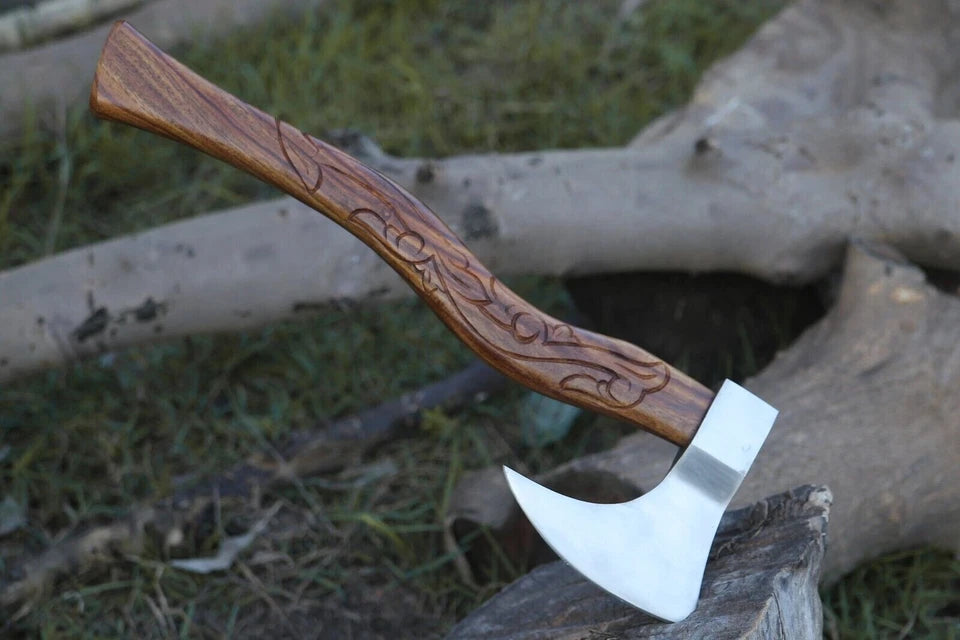 Hand-Forged Viking Battle Axe | 18" Engraved Hardwood Handle